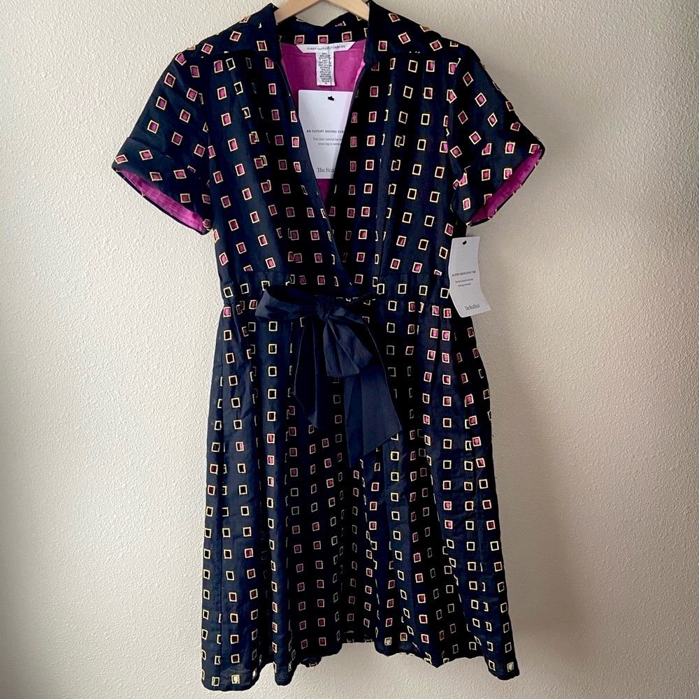 Diane Von Furstenberg Navy Midi Dress with Pink and Yellow Square Print